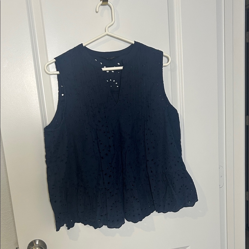 Liverpool Navy Eyelet Sleeveless Peplum Blouse